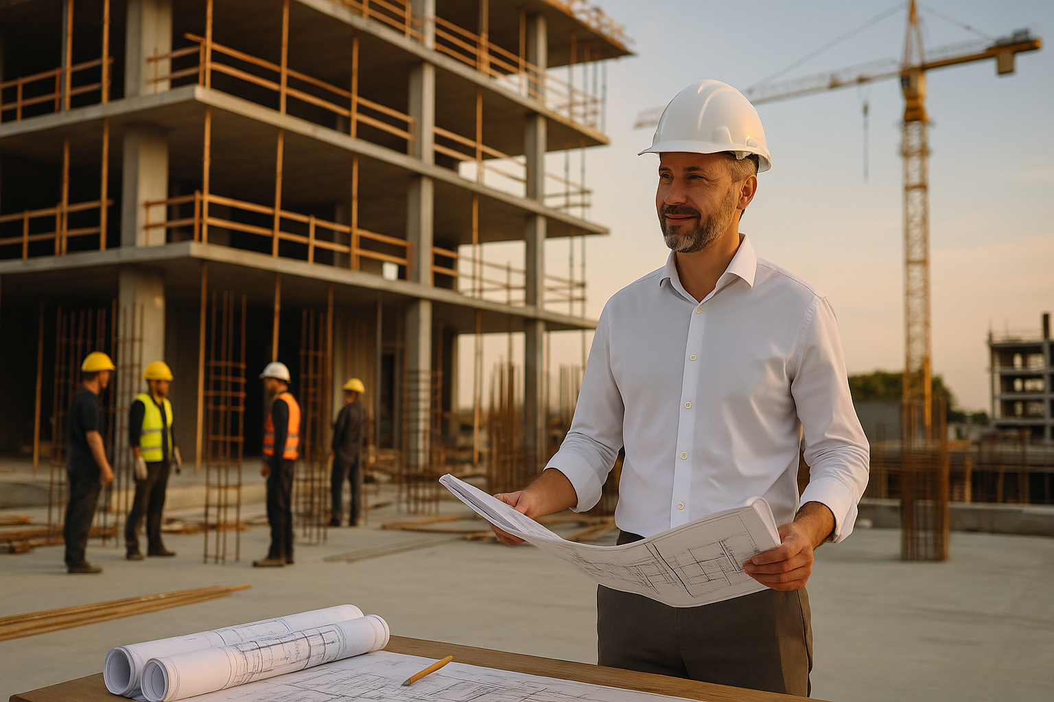 קבלן וצוות עובדים באתר בנייה מודרני בישראל במהלך עבודת שיפוץ ובנייה של בניין חדש, עם פיגומים ומנוף ברקע